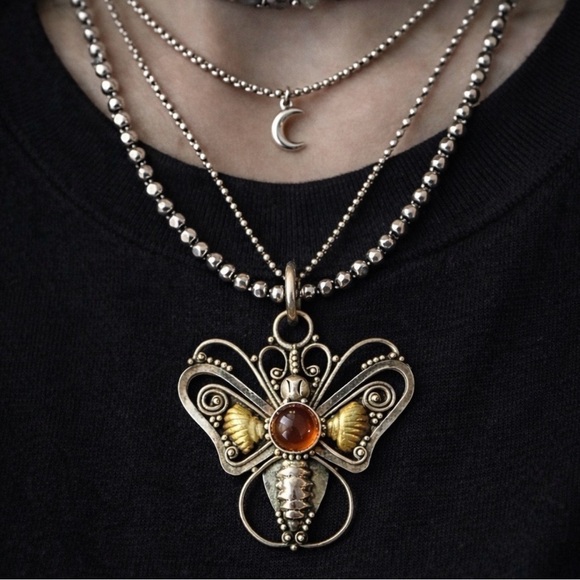 Jewelry - Sterling Silver Amber Moth Pendant 925 Y2K Artisan Boho Necklace Charm